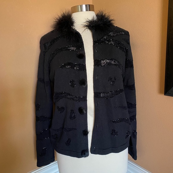 Berek Vintage Sequin Cardi Faux Fur Collar Mesh Inset Black Sweater M Glam Goth - Picture 3 of 12